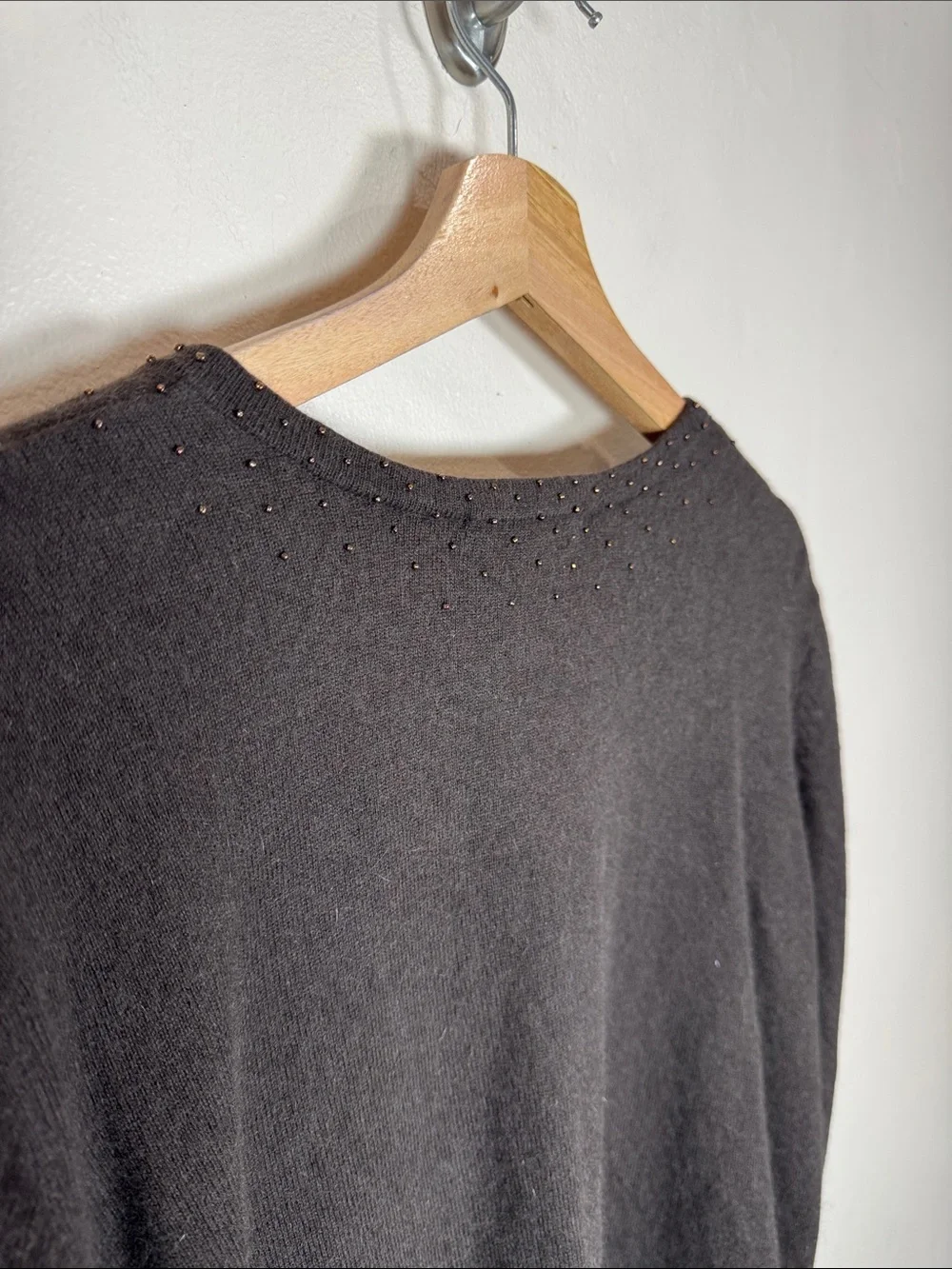 VTG Maggy London Chocolate Brown Cardigan Knit Beaded Trim Angora Silk Classic